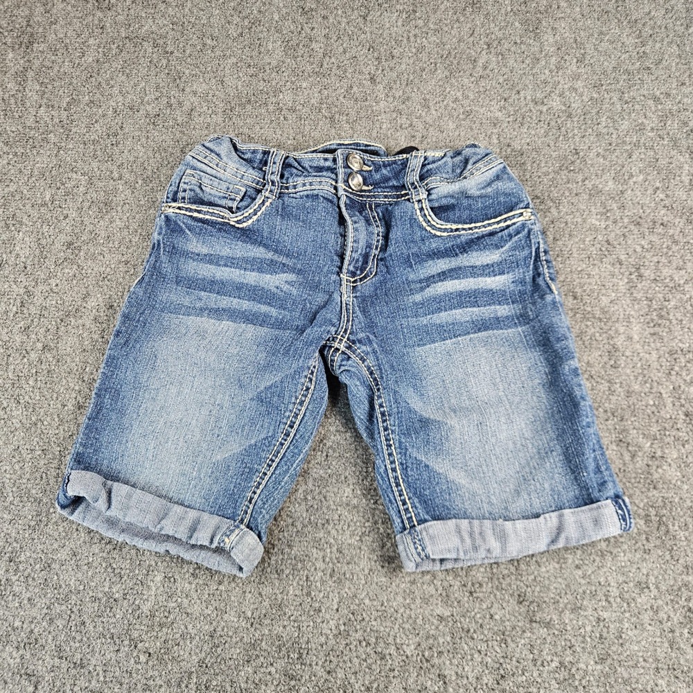 Vanilla Star Girls Denim Bermuda Shorts Size 14 Blue Embroidered Pockets Cuffed